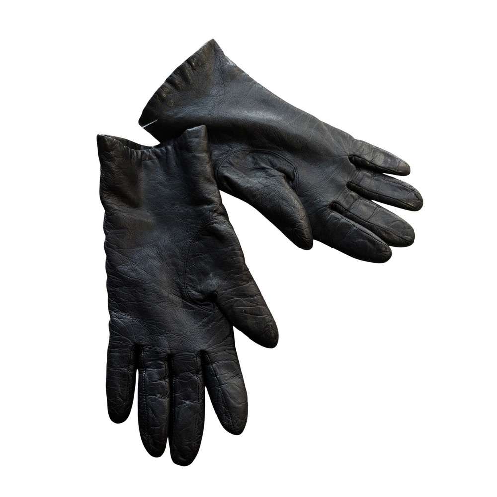 Aris Womens Black Leather Gloves 100% Cashmere Lined Size 7.5 Winter Warm Dress